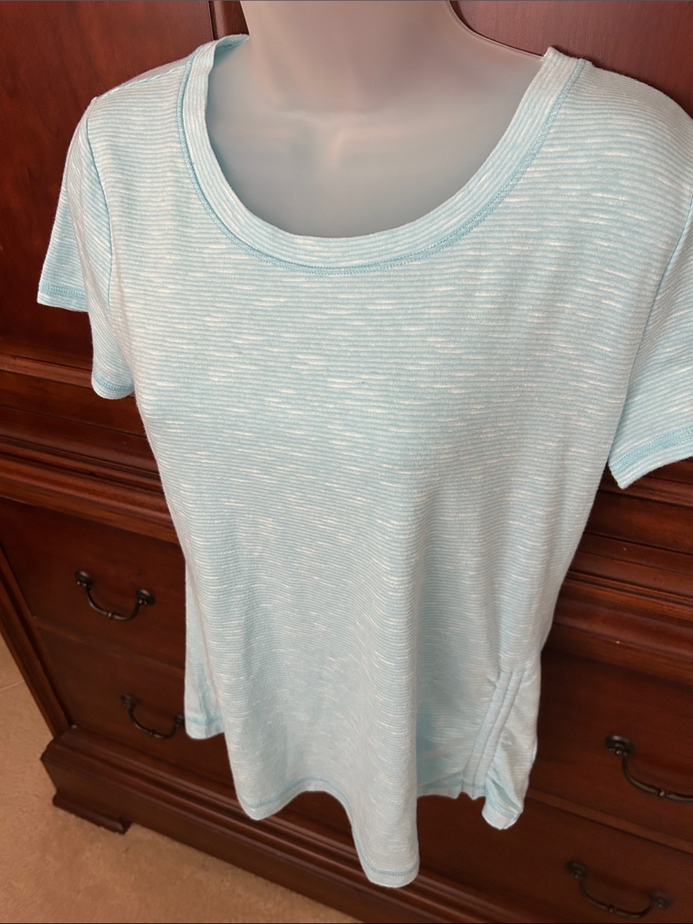 Talbots Light Aqua Striped Scoop Neck Short Sleeve Top